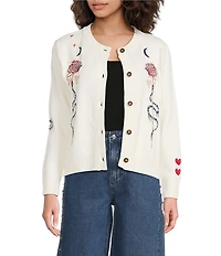 Never Fully Dressed Hollie Enchanted Embroidered Crew Neck Button Front Cardigan