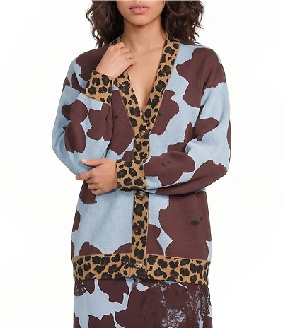 Never Fully Dressed Jaden Floral Print Leopard Trim V-Neck Long Sleeve Cardigan