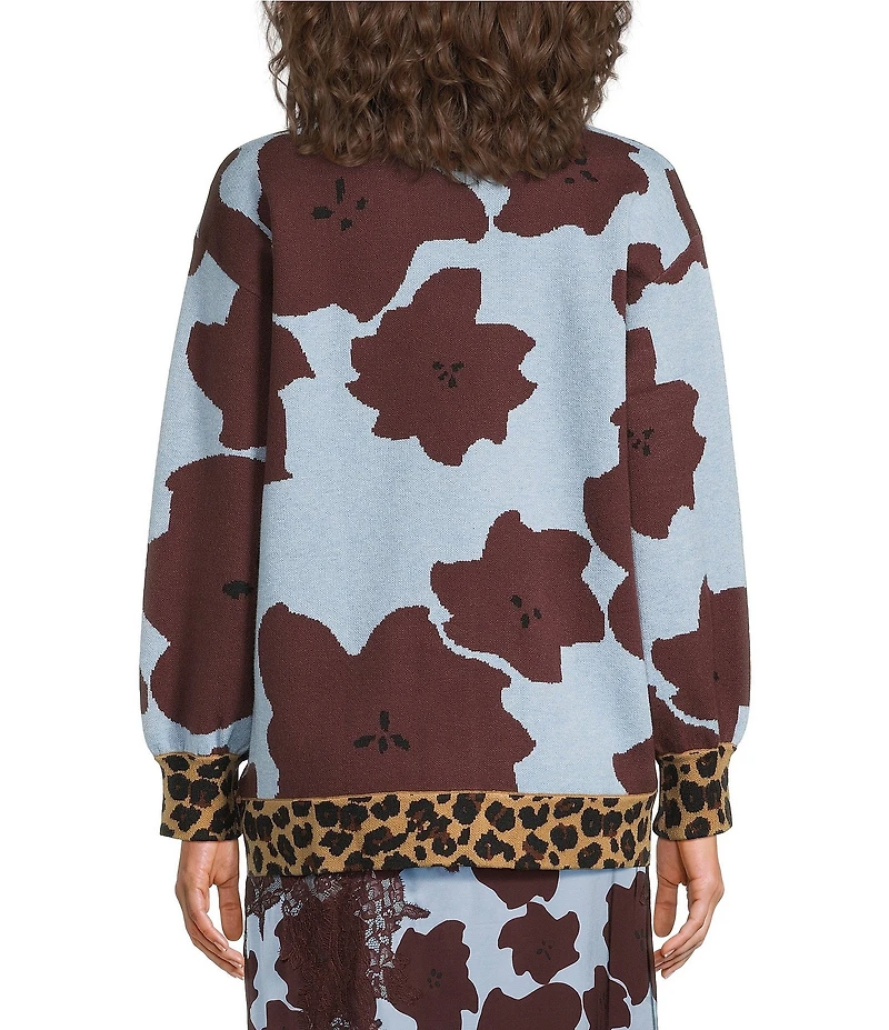 Never Fully Dressed Jaden Floral Print Leopard Trim V-Neck Long Sleeve Cardigan