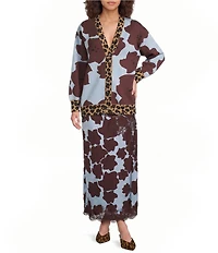 Never Fully Dressed Jaden Floral Print Leopard Trim V-Neck Long Sleeve Cardigan