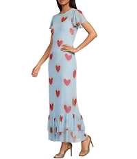 Never Fully Dressed Katie Heart Print Crew Neckline Short Sleeve Mesh Ruffle Tier Maxi Dress