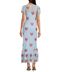 Never Fully Dressed Katie Heart Print Crew Neckline Short Sleeve Mesh Ruffle Tier Maxi Dress