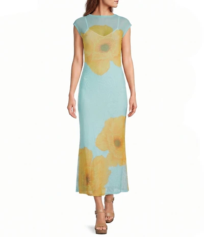 Never Fully Dressed Luna Floral Printed Mesh Crew Neck Short Sleeve Maxi Dress