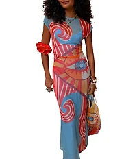 Never Fully Dressed Luna Mesh Dolce Vita Printed Round Neck Cap Sleeve Slip Maxi Dress