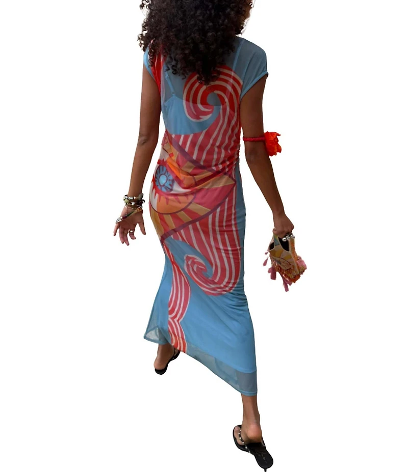 Never Fully Dressed Luna Mesh Dolce Vita Printed Round Neck Cap Sleeve Slip Maxi Dress