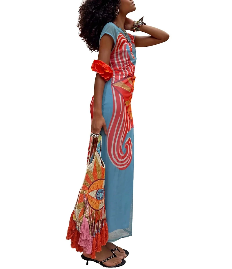 Never Fully Dressed Luna Mesh Dolce Vita Printed Round Neck Cap Sleeve Slip Maxi Dress