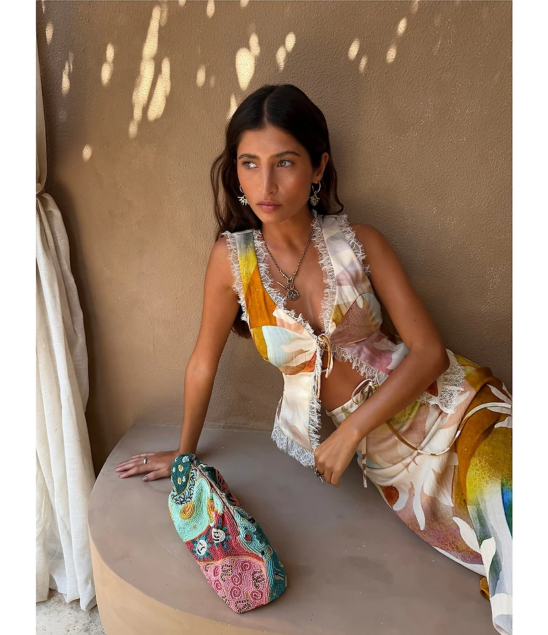 Never Fully Dressed Maisie Abstract Soleil V-Neck Sleeveless Lace Trim Tie Front Coordinating Top