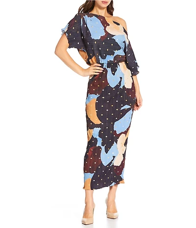 Never Fully Dressed Mara Tilly Gold Fleck Abstract One Shoulder Sheath Maxi Dress