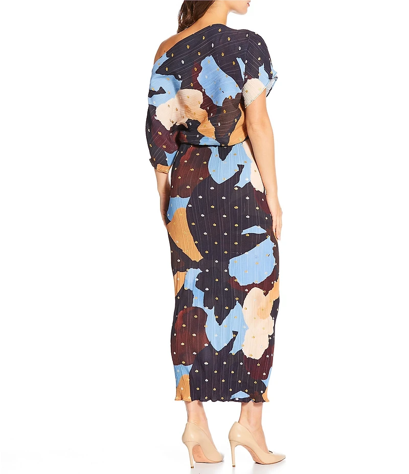 Never Fully Dressed Mara Tilly Gold Fleck Abstract One Shoulder Sheath Maxi Dress