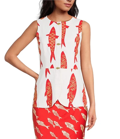 Never Fully Dressed Marina Fish Print Crew Neck Sleeveless Coordinating Waistcoat