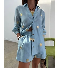 Never Fully Dressed Miley Sun Printed Collared Long Sleeve Button Front Coordinating Shirt