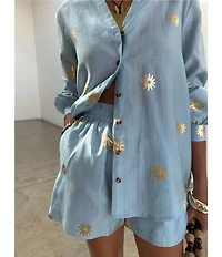 Never Fully Dressed Miley Sun Printed Collared Long Sleeve Button Front Coordinating Shirt