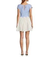 Never Fully Dressed Monika Stripe Print Studded Crew Neck Scallop Edging Mini Dress