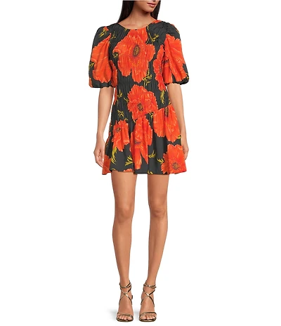 Never Fully Dressed Nara Poppy Floral Crew Neck Puff Sleeve Mini Dress