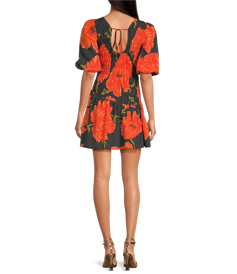 Never Fully Dressed Nara Poppy Floral Crew Neck Puff Sleeve Mini Dress