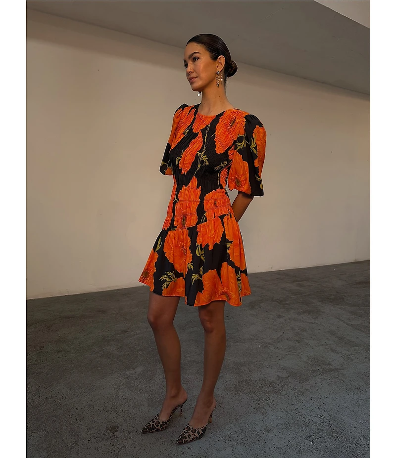Never Fully Dressed Nara Poppy Floral Crew Neck Puff Sleeve Mini Dress