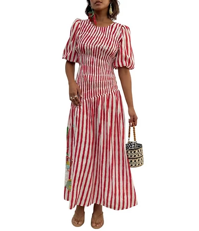Never Fully Dressed Nara Stripe Print Crew Neck Short Puff Sleeves Maxi Dress