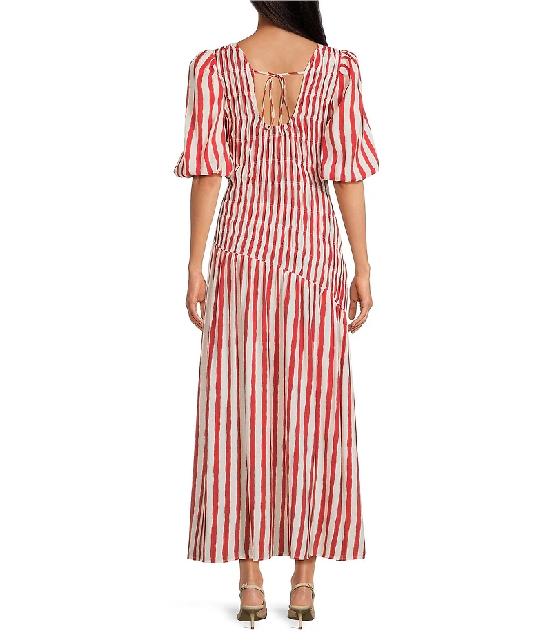 Never Fully Dressed Nara Stripe Print Crew Neck Short Puff Sleeves Maxi Dress