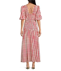 Never Fully Dressed Nara Stripe Print Crew Neck Short Puff Sleeves Maxi Dress