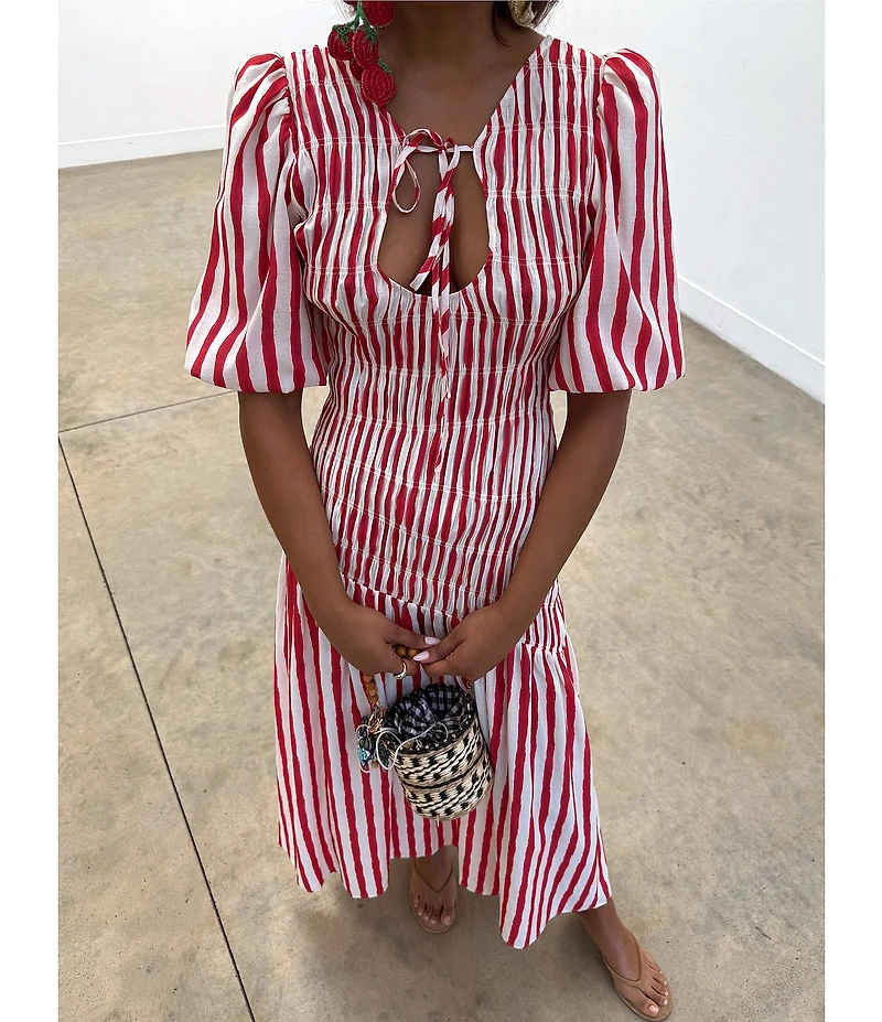 Never Fully Dressed Nara Stripe Print Crew Neck Short Puff Sleeves Maxi Dress