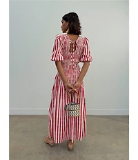 Never Fully Dressed Nara Stripe Print Crew Neck Short Puff Sleeves Maxi Dress