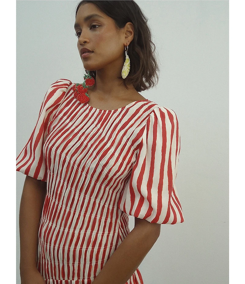 Never Fully Dressed Nara Stripe Print Crew Neck Short Puff Sleeves Maxi Dress
