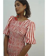 Never Fully Dressed Nara Stripe Print Crew Neck Short Puff Sleeves Maxi Dress