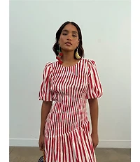 Never Fully Dressed Nara Stripe Print Crew Neck Short Puff Sleeves Maxi Dress