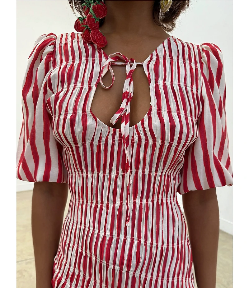 Never Fully Dressed Nara Stripe Print Crew Neck Short Puff Sleeves Maxi Dress
