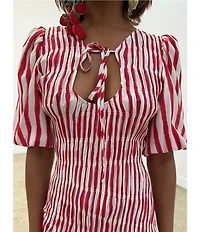 Never Fully Dressed Nara Stripe Print Crew Neck Short Puff Sleeves Maxi Dress