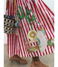 Never Fully Dressed Nara Stripe Print Crew Neck Short Puff Sleeves Maxi Dress