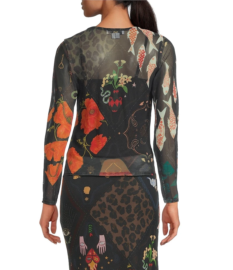 Never Fully Dressed Night Garden Coordinating Crew Neck Long Sleeves Sheer Mesh Tee