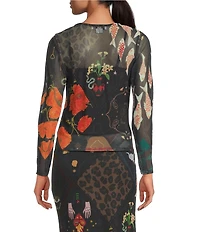 Never Fully Dressed Night Garden Coordinating Crew Neck Long Sleeves Sheer Mesh Tee