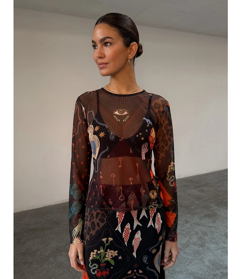 Never Fully Dressed Night Garden Coordinating Crew Neck Long Sleeves Sheer Mesh Tee