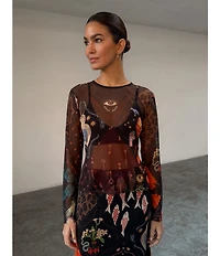 Never Fully Dressed Night Garden Coordinating Crew Neck Long Sleeves Sheer Mesh Tee