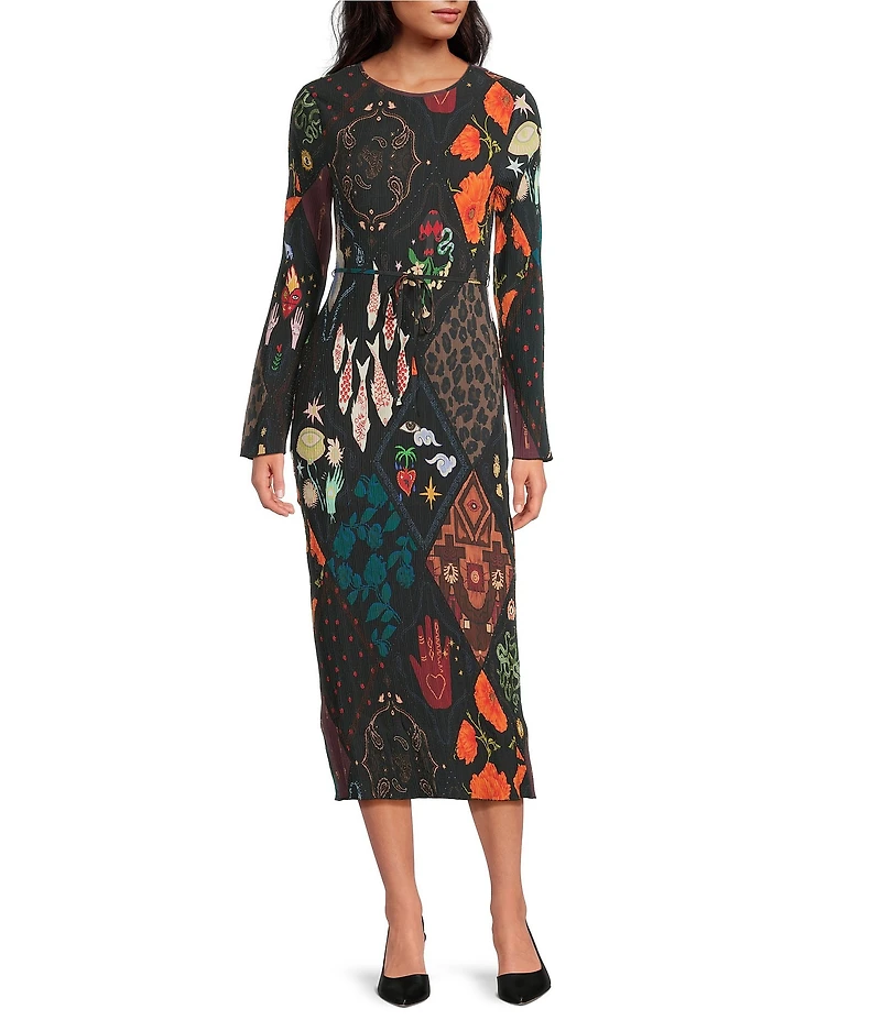 Never Fully Dressed Night Garden Gaia Plisse Crew Neck Long Sleeve Dress