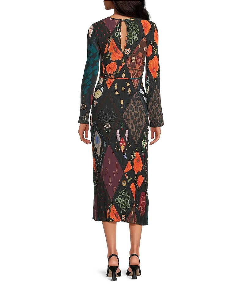 Never Fully Dressed Night Garden Gaia Plisse Crew Neck Long Sleeve Dress