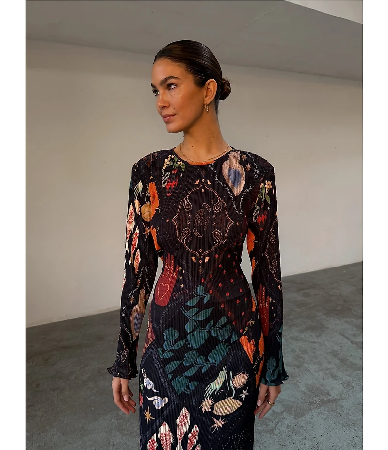 Never Fully Dressed Night Garden Gaia Plisse Crew Neck Long Sleeve Dress