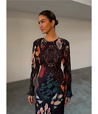 Never Fully Dressed Night Garden Gaia Plisse Crew Neck Long Sleeve Dress