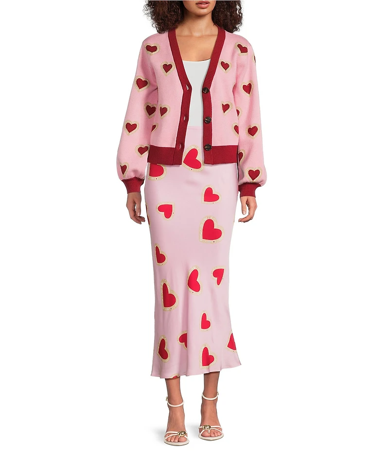 Never Fully Dressed Pink Hearts V-Neck Long Sleeve Cardigan