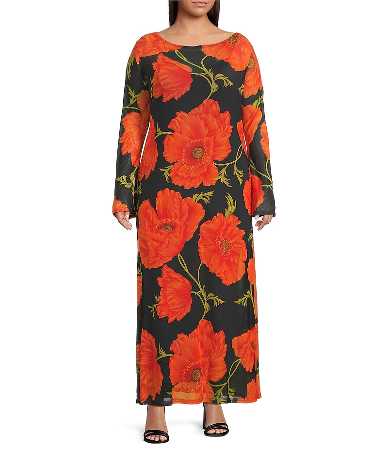 Never Fully Dressed Plus Aria Poppy Floral Print Mesh Crew Neck Long Sleeve Maxi Dress