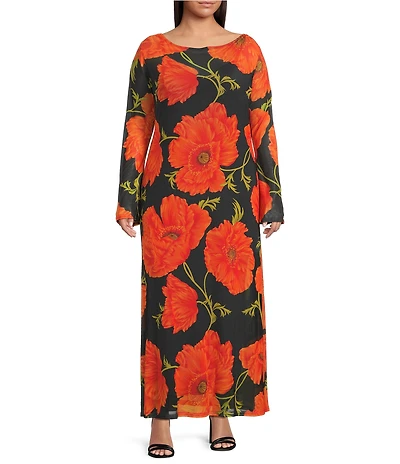 Never Fully Dressed Plus Aria Poppy Floral Print Mesh Crew Neck Long Sleeve Maxi Dress