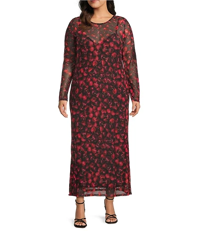 Never Fully Dressed Plus Cherry Print Soho Crew Neck Long Sleeve Mesh Maxi Dress