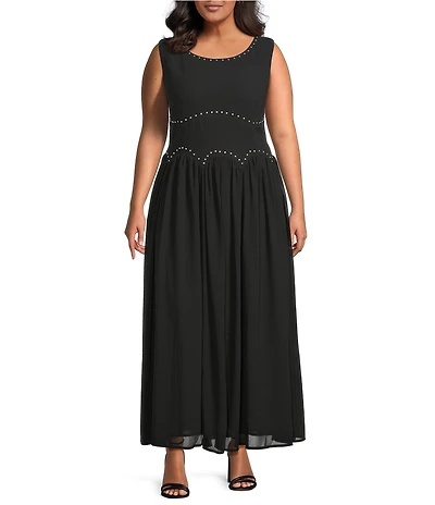 Never Fully Dressed Plus Dasha Sheer Mesh Studded Round Neck Sleeveless Dress