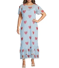 Never Fully Dressed Plus Katie Heart Print Crew Neckline Short Sleeve Mesh Ruffle Tier Long Dress