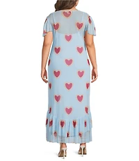 Never Fully Dressed Plus Katie Heart Print Crew Neckline Short Sleeve Mesh Ruffle Tier Long Dress