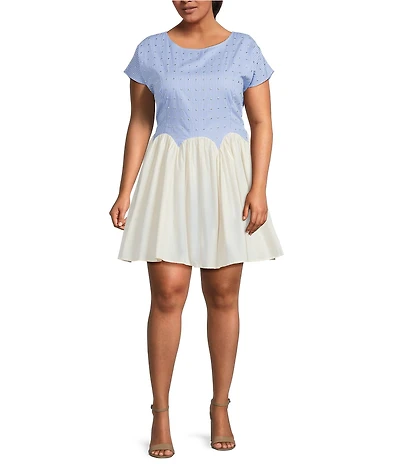 Never Fully Dressed Plus Monika Stripe Print Studded Crew Neck Scallop Edging Mini Dress