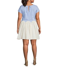 Never Fully Dressed Plus Monika Stripe Print Studded Crew Neck Scallop Edging Mini Dress