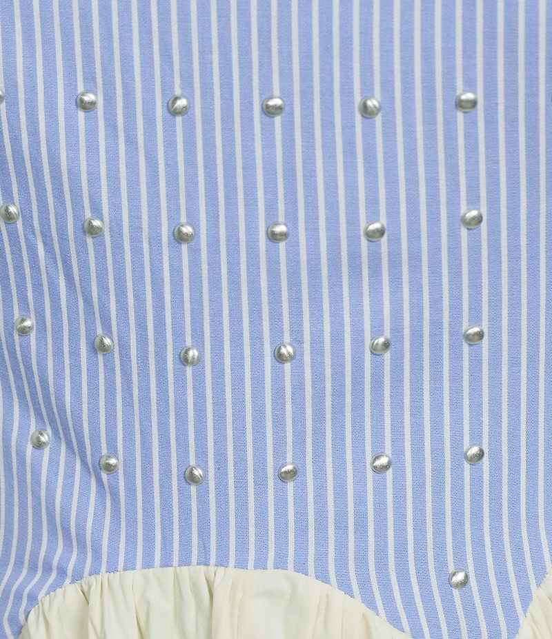Never Fully Dressed Plus Monika Stripe Print Studded Crew Neck Scallop Edging Mini Dress