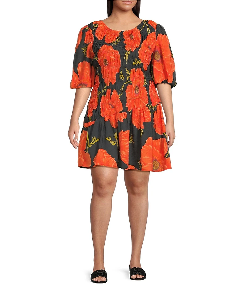 Never Fully Dressed Plus Nara Poppy Floral Crew Neck Puff Sleeve Mini Dress